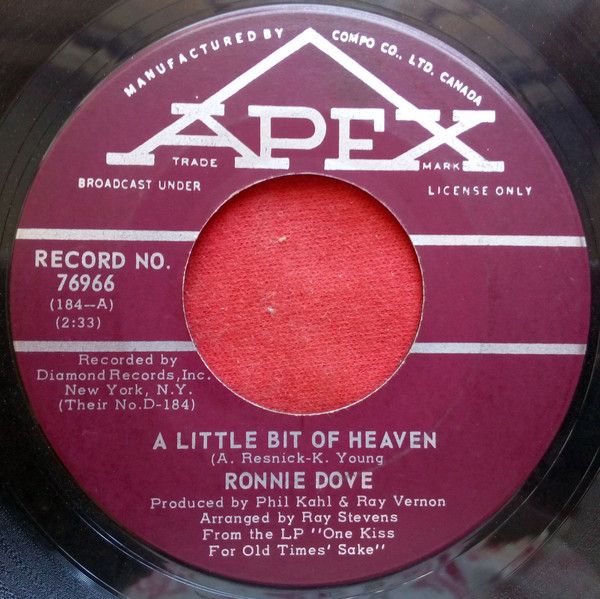 Ronnie Dove – A Little Bit Of Heaven / If I Live To Be A Hundred (VG, 1965, 45 RPM Single, Apex – 76966)