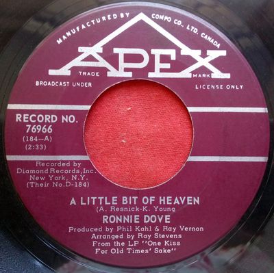 Ronnie Dove – A Little Bit Of Heaven / If I Live To Be A Hundred (VG, 1965, 45 RPM Single, Apex – 76966)