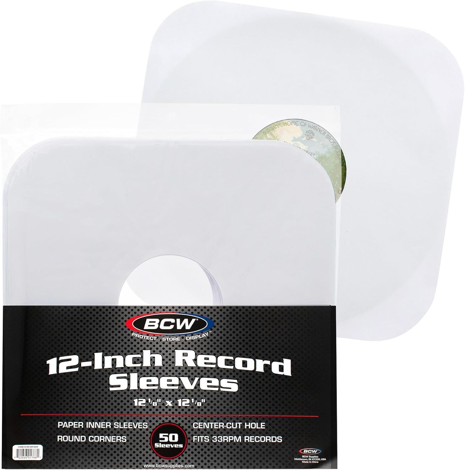 BCW Paper Record Sleeves 12" - Round Corners Center-Cut Hole (White)