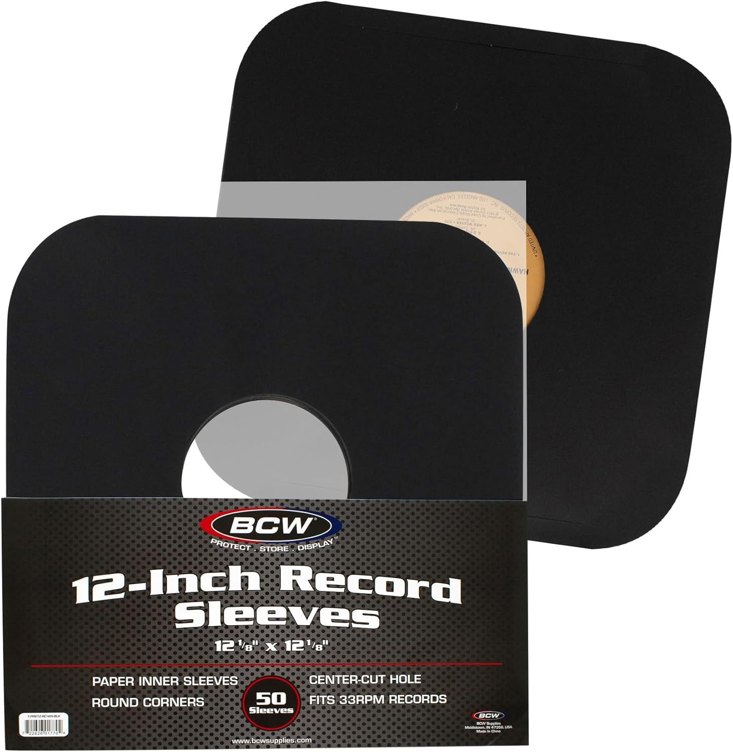 BCW Paper Record Sleeves 12" - Round Corners Center-Cut Hole (Black)