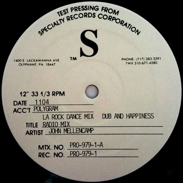 John Mellencamp – Love And Happiness (VG, 1991, 12", Promo, Test Pressing, Specialty Records – PRO 979-1)