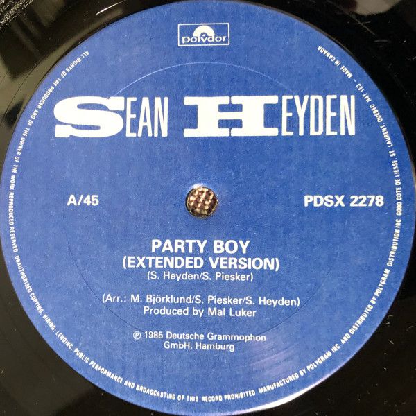 Sean Heyden – Party Boy (VG+, 1985, 12" Single, 45 RPM, Polydor – PDSX 2278)
