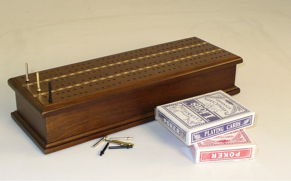 Inlaid Walnut 3-Track Cribbage Board with Cards