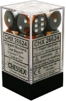 Chessex (16mm D6 x12) CHX26624 Opaque Copper-Steel/White