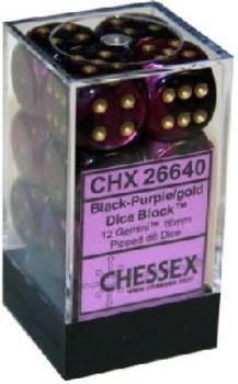 Chessex (16mm D6 x12) CHX26640 Gemini Black-Purple/Gold