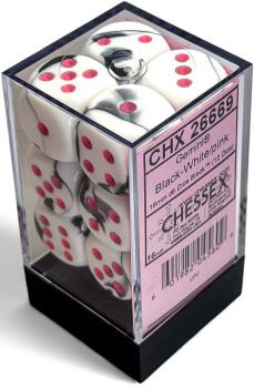 Chessex (16mm D6 x12) CHX26669 Gemini Black-White/Pink