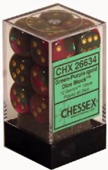 Chessex (16mm D6 x12) CHX26634 Gemini Green-Purple/Gold