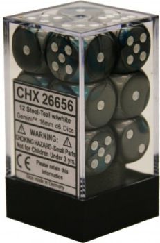 Chessex (16mm D6 x12) CHX26656 Gemini Steel-Teal/White