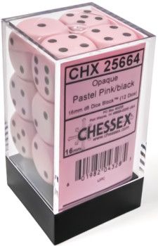 Chessex (16mm D6 x12) CHX25648 Opaque Patel Pink/Black