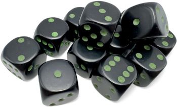 Chessex (16mm D6 x12) CHX25658 Opaque Black/Green