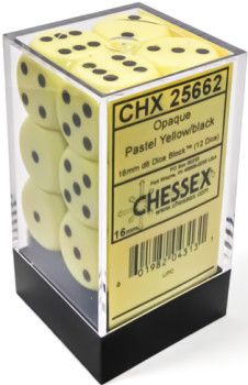 Chessex (16mm D6 x12) CHX25665 Opaque Pastel Yellow/Black