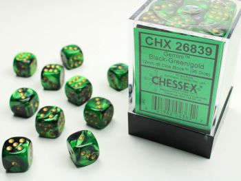 Chessex (12mm D6 x36) CHX26839 Black-Green/Gold