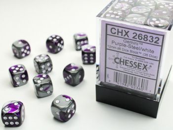 Chessex (12mm D6 x36) CHX26832 Purple-Steel/White