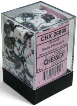 Chessex (12mm D6 x36) CHX26869 Black-White/pink