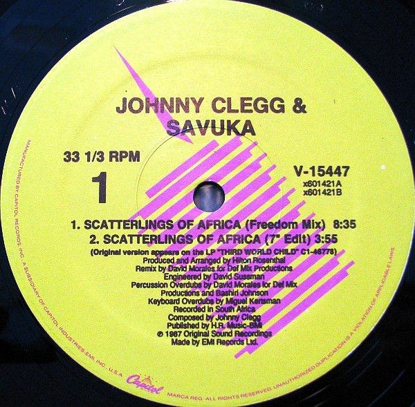 Johnny Clegg &amp; Savuka – Scatterlings Of Africa (VG+, 1989, Vinyl, 12", 33 ⅓ RPM, Capitol Records – V-15447)