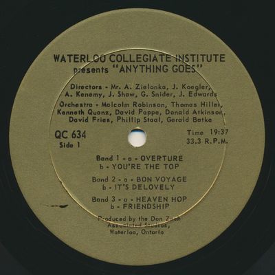 Waterloo Collegiate Institute – Anything Goes (VG, LP, Waterloo Collegiate Institute – QC 634)