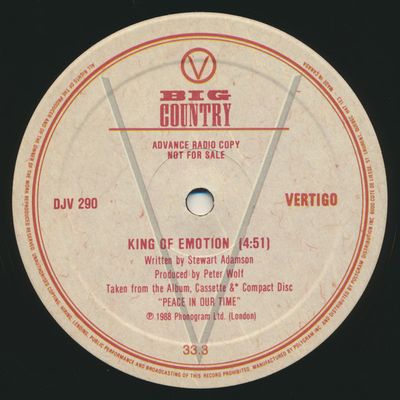 Big Country ‎– King Of Emotion (NM, 1988, 12" Single, 33.3 RPM, Promo, Vertigo ‎– DJV 290)