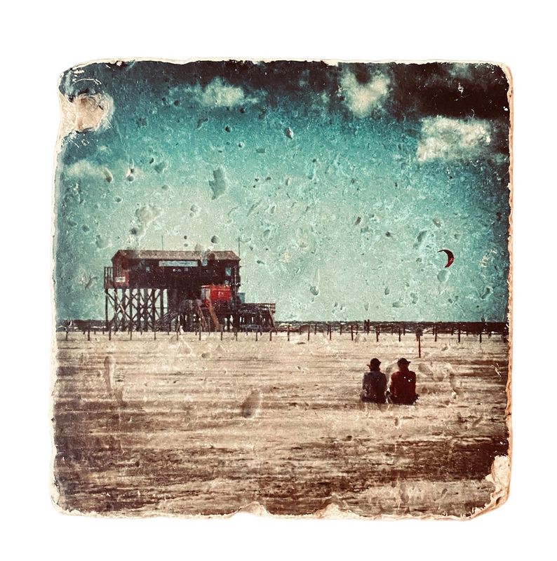 Sankt Peter Ording Untersetzer aus Travertin Stein Fliese, handmade