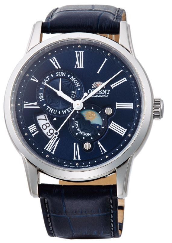 Reloj hombre automático Orient Sun & Moon FAK00005D dial azul 42.5mm correa cuero cristal zafiro (admite cuerda manual)