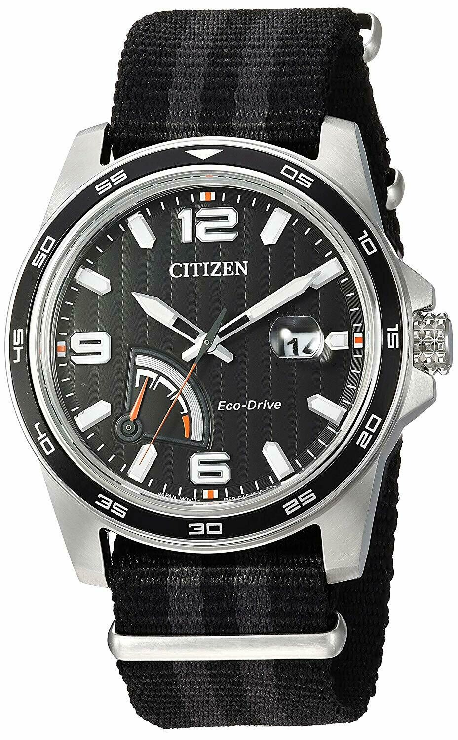 Reloj Hombre Citizen Eco-Drive AW7030-06E Men's Power Reserve Indicator Black 42mm Watch correa tela