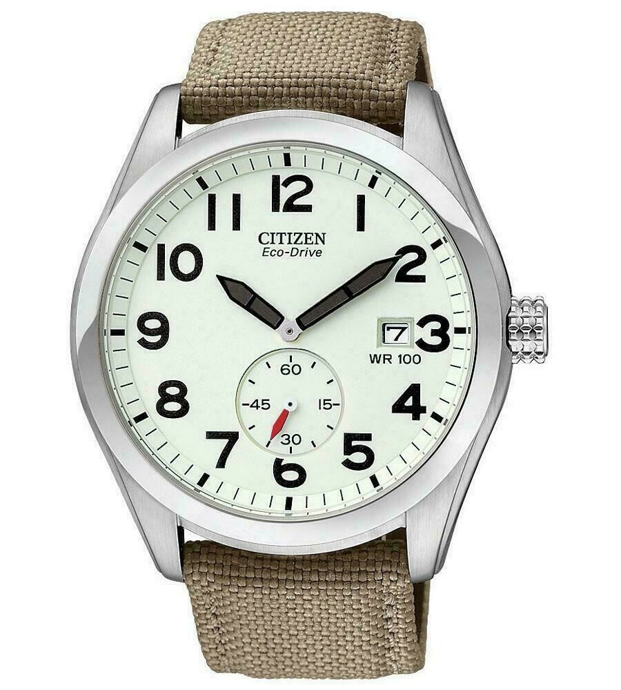 Reloj Hombre Citizen Eco-Drive Men's Calendar Ivory Dial Canvas Strap 43mm Watch BV1080-18A correa tela