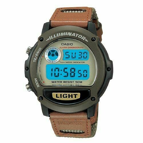 Reloj deportivo Casio W89HB-5A Luz LED alarma Cronografo correa de nylon y piel