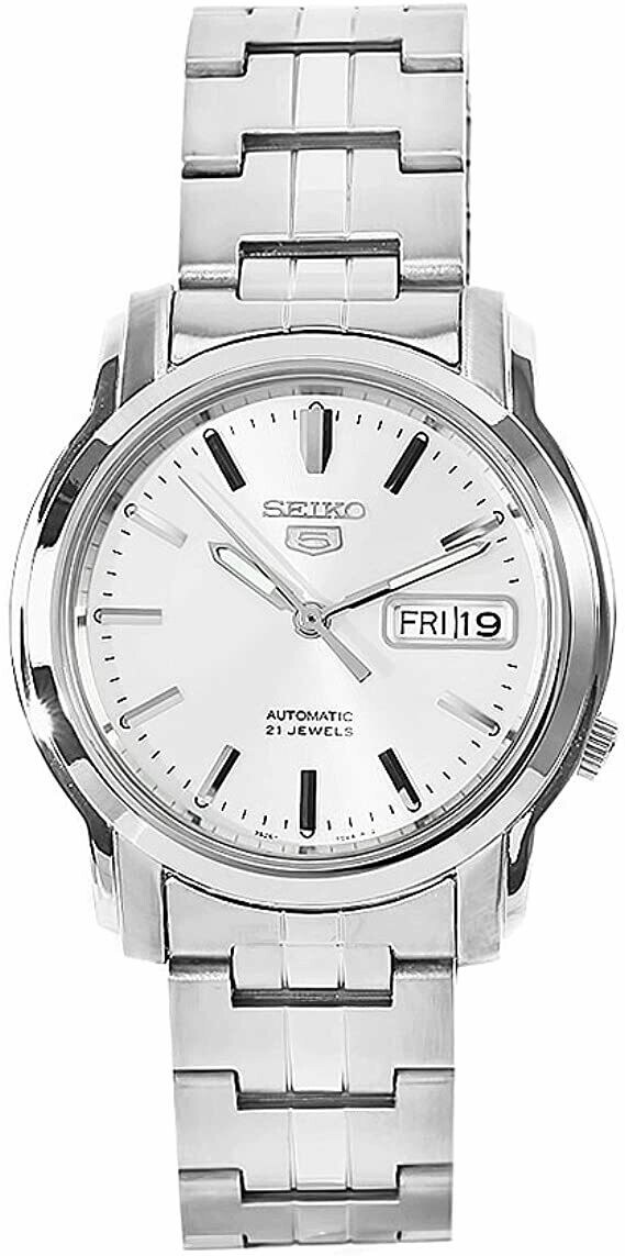 Seiko 5 SNKK65K1 men&#39;s automatic watch with silver dial and 38mm steel strap