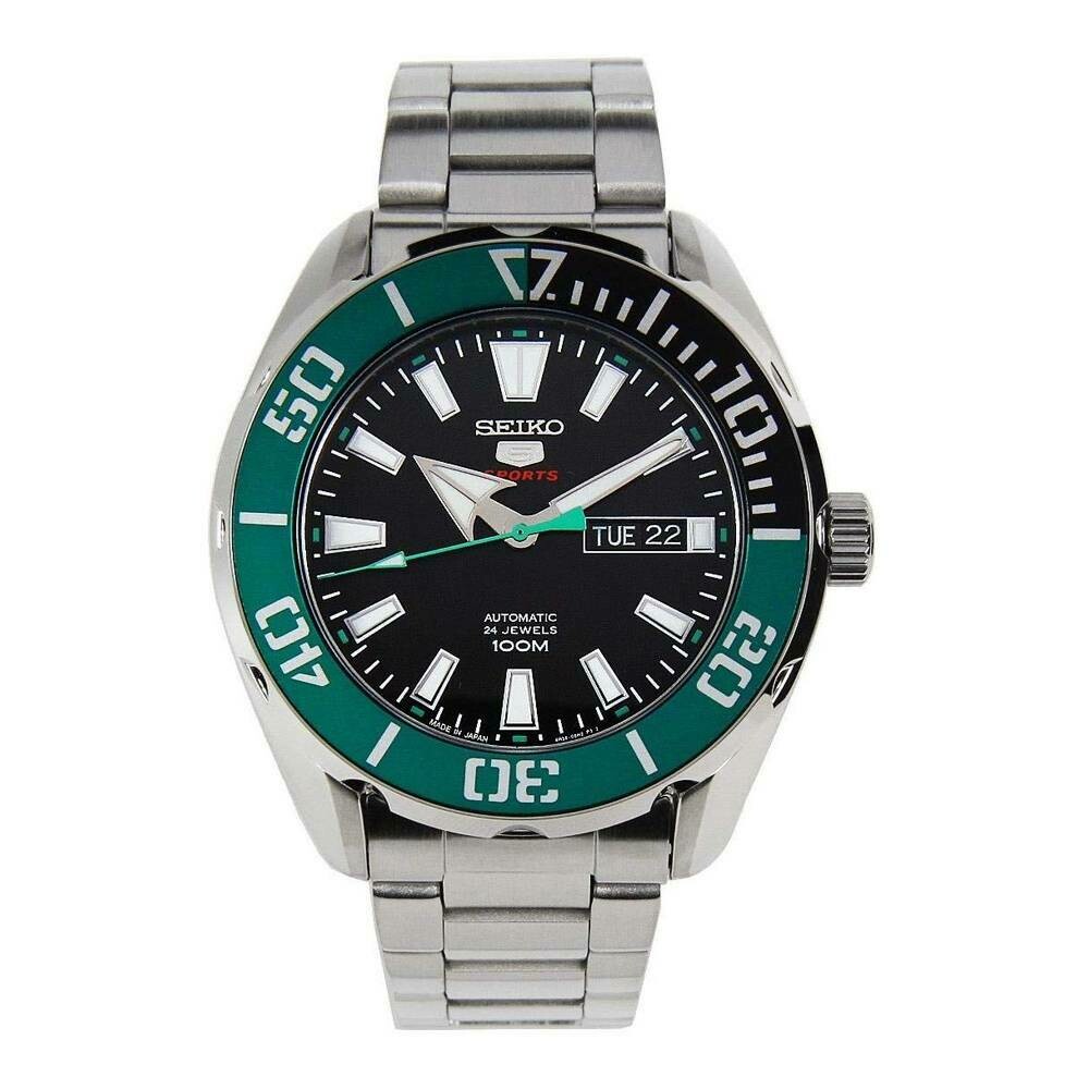 Reloj Automático hombre Seiko 5 Sports SRPC53K1 dial negro verde 44.5mm 100m water resist correa acero