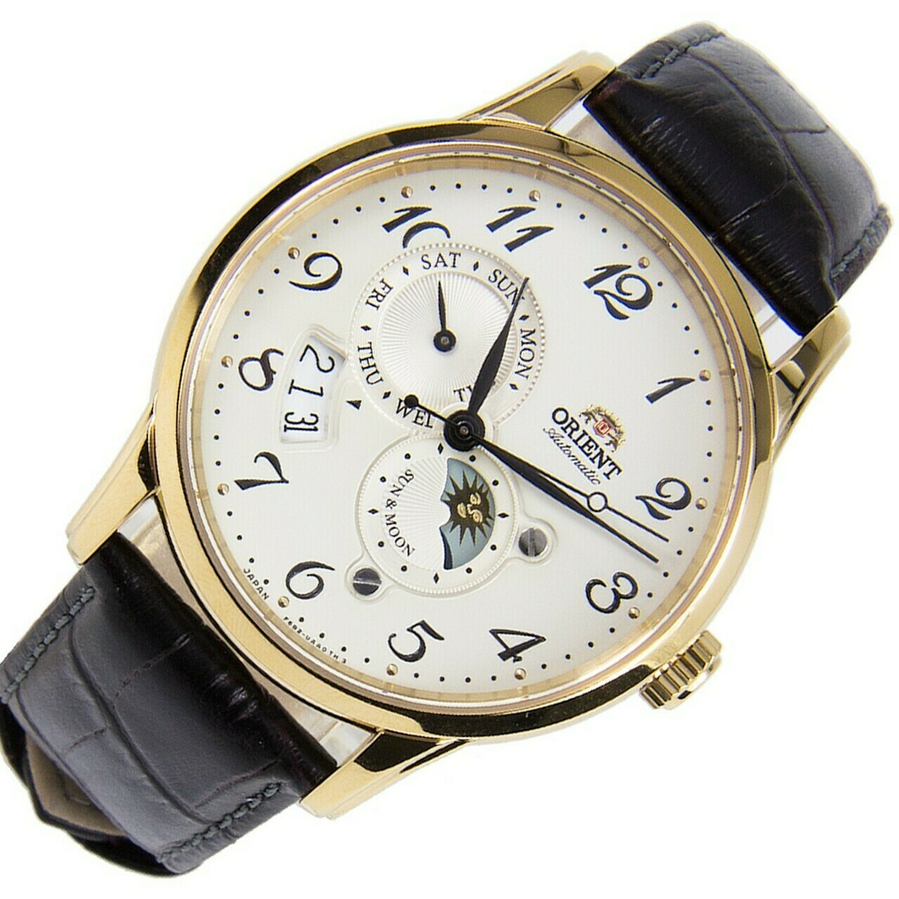 Reloj Automático hombre Orient Sun & Moon RA-AK0002S dial blanco 42.5mm Cristal Zafiro correa cuero