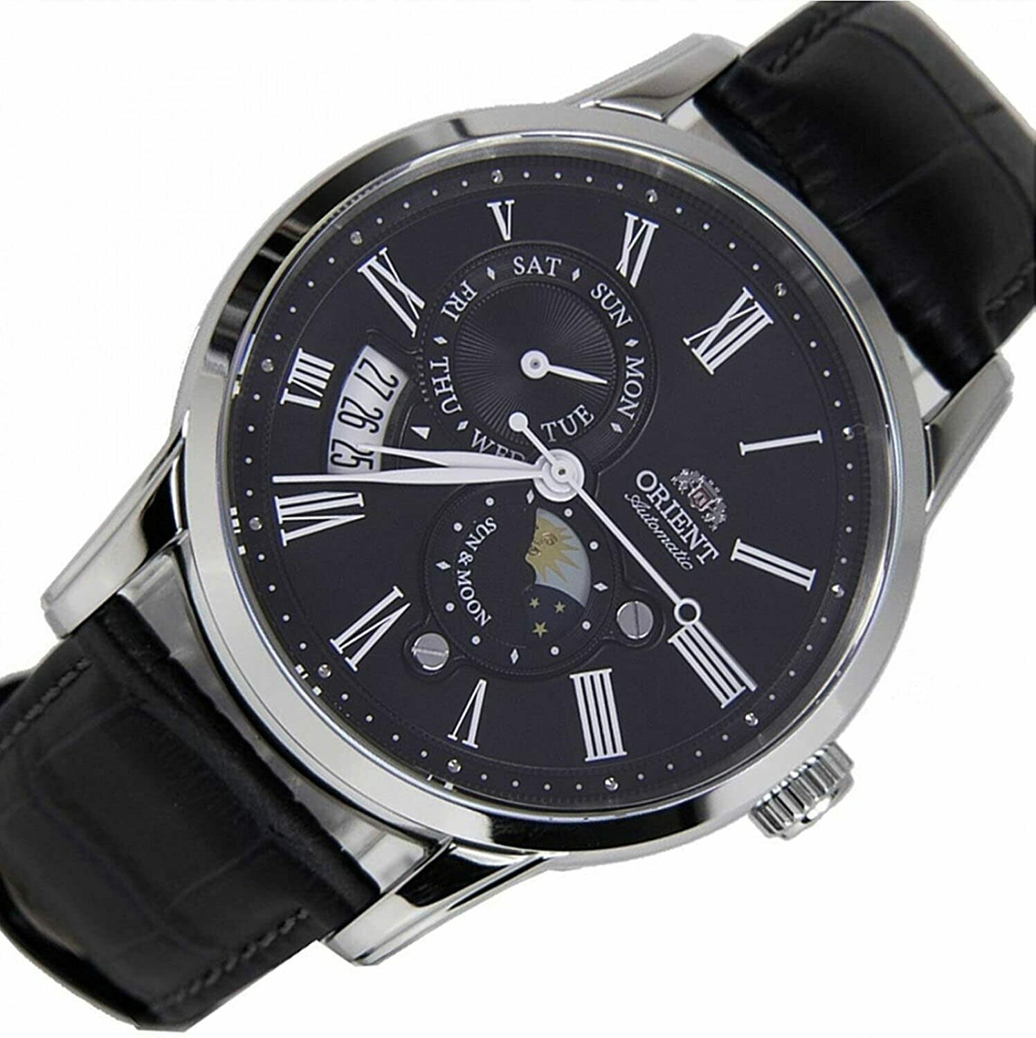 Reloj Automático hombre Orient Sun & Moon FAK00004B dial negro 42.5mm correa cuero cristal zafiro