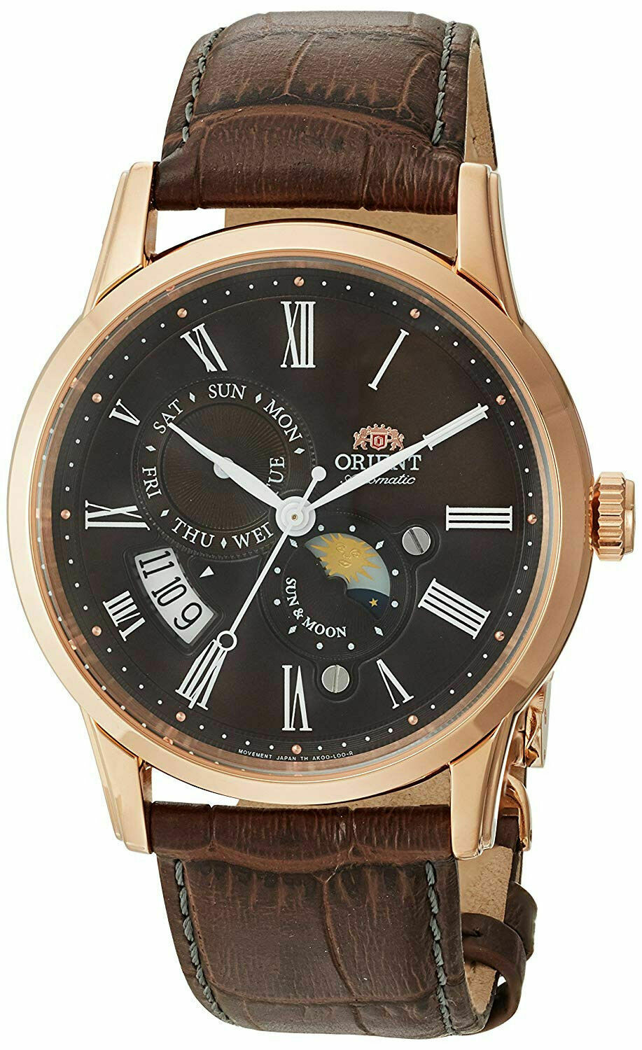 Reloj Automático Hombre Orient Sun & Moon FAK00003T correa cuero dial marrón 42.5mm cristal zafiro