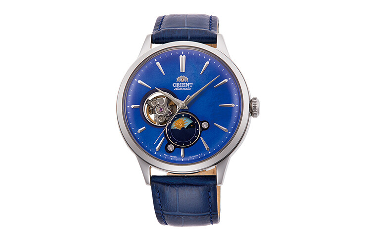 Reloj automático hombre Orient Sun & Moon RA-AS0103A dial azul 41.5mm correa cuero