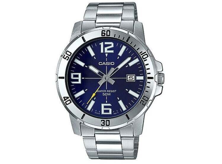 reloj deportivo hombre Casio MTP-VD01D-2B dial azul 45mm correa de acero hebilla triple pliegue resistencia al agua 50m