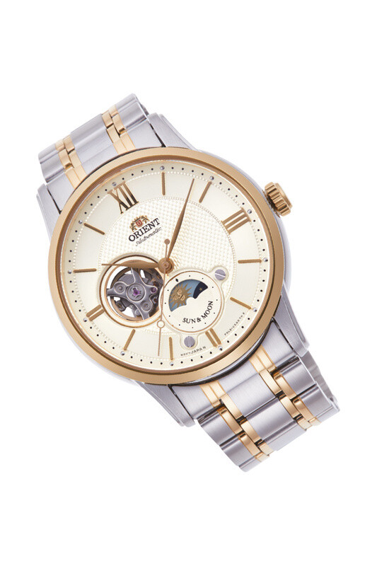 reloj automático hombre Orient Sun & Moon RA-AS0001S dial blanco 40.5mm cristal zafiro correa acero 50m