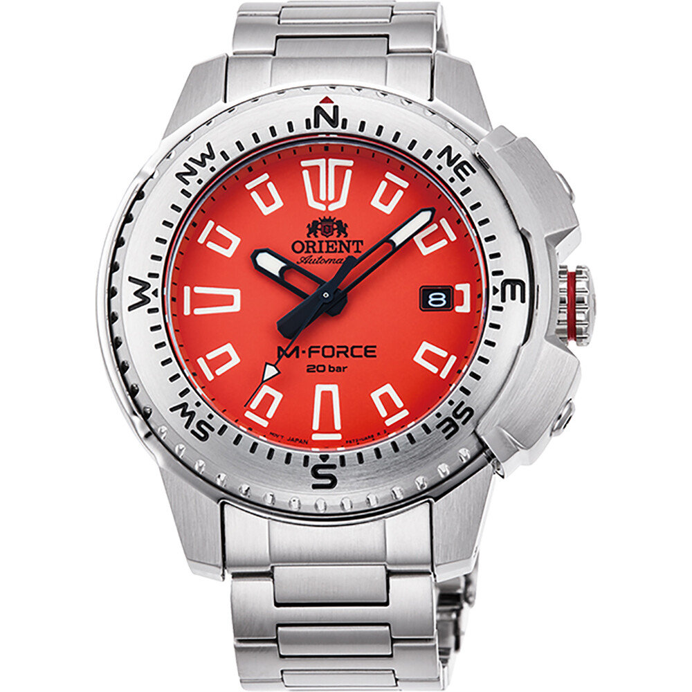 reloj de buceo automático hombre Orient M-Force RA-AC0N02Y dial naranja 45mm correa acero 200m water resist Cristal Zafiro