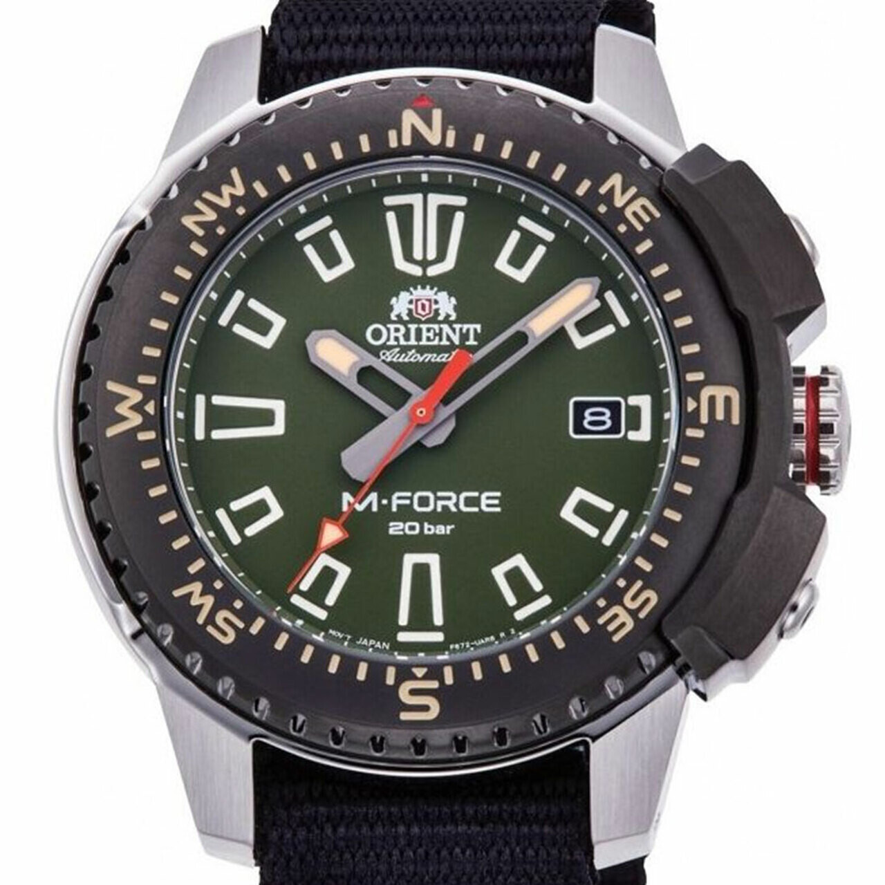 reloj de buceo automático hombre Orient M-Force RA-AC0N03E dial verde 45mm correa nylon 200m water resist Cristal Zafiro