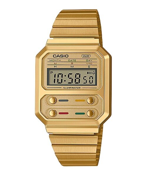 Reloj Casio Future A100WEG-9A RETRO ALIEN DORADO Pantalla Luz Led de fondo Alarma Cronómetro Resistente al agua correa de acero