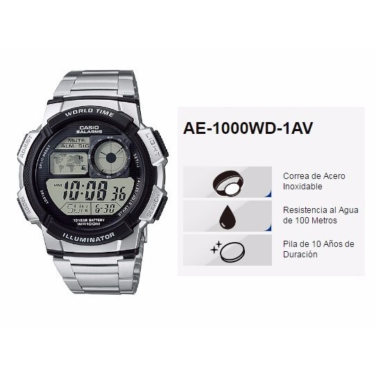 Reloj digital CASIO AE-1000WD-1AV 5 alarmas water resist 100m
