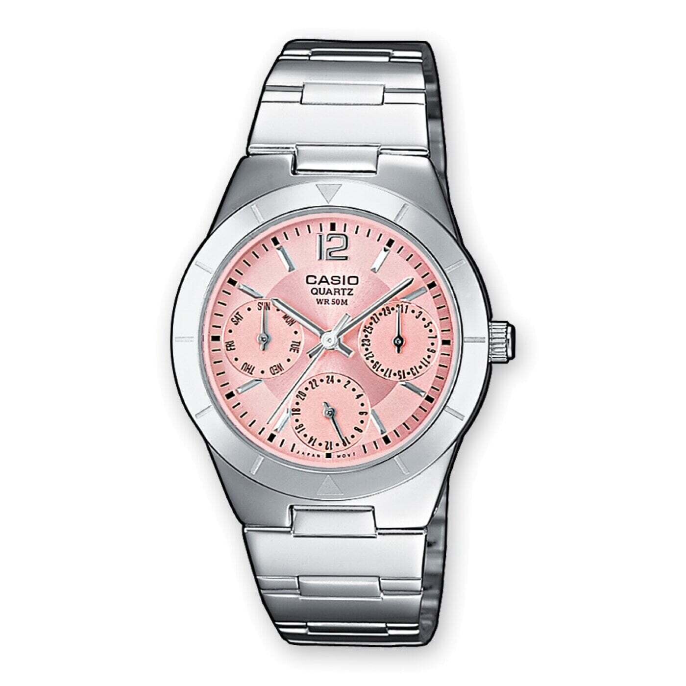 reloj mujer clásico Casio LTP-2069D-4A dial rosa correa acero 50m water resist