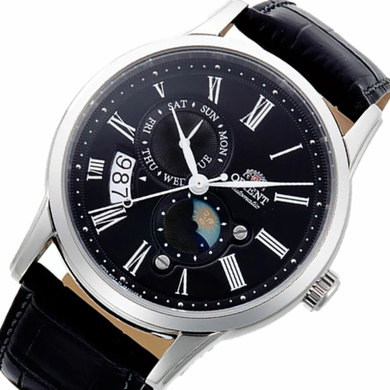 reloj automático hombre Orient Sun & Moon RA-AK0010B dial negro 42.5mm Cristal Zafiro correa cuero 50m