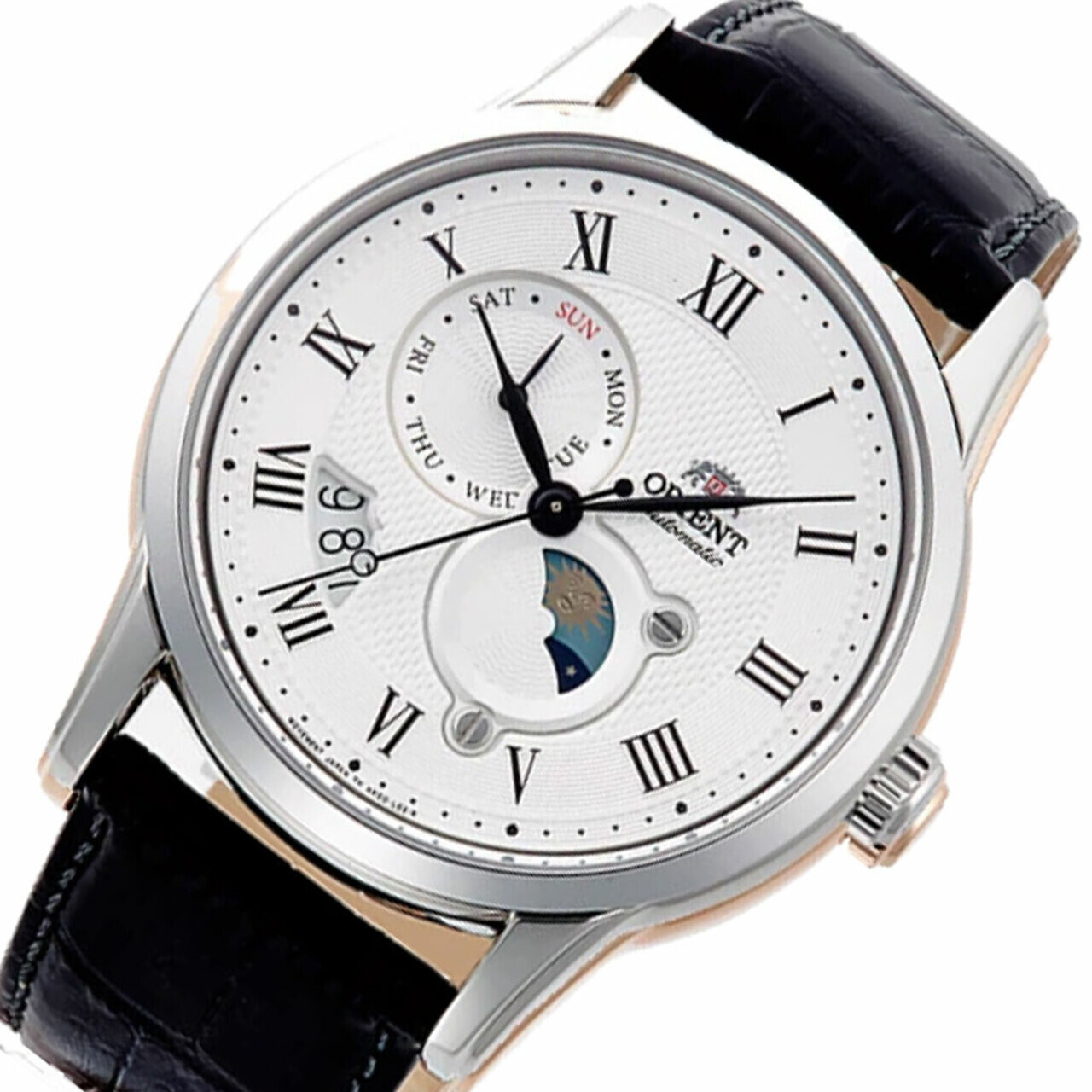 reloj automático hombre Orient Sun & Moon RA-AK0008S dial blanco 42.5mm Cristal Zafiro correa cuero