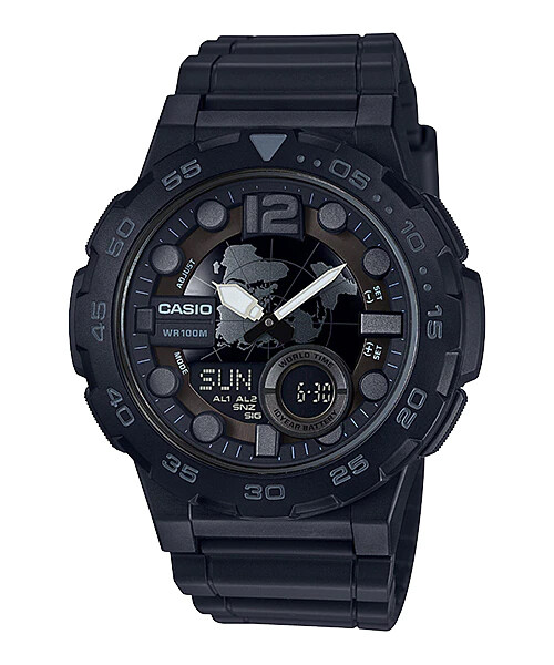 man's watch Casio AEQ-100W-1A World Time - Resin Strap - Neon Display - Telememo - 10 years battery life