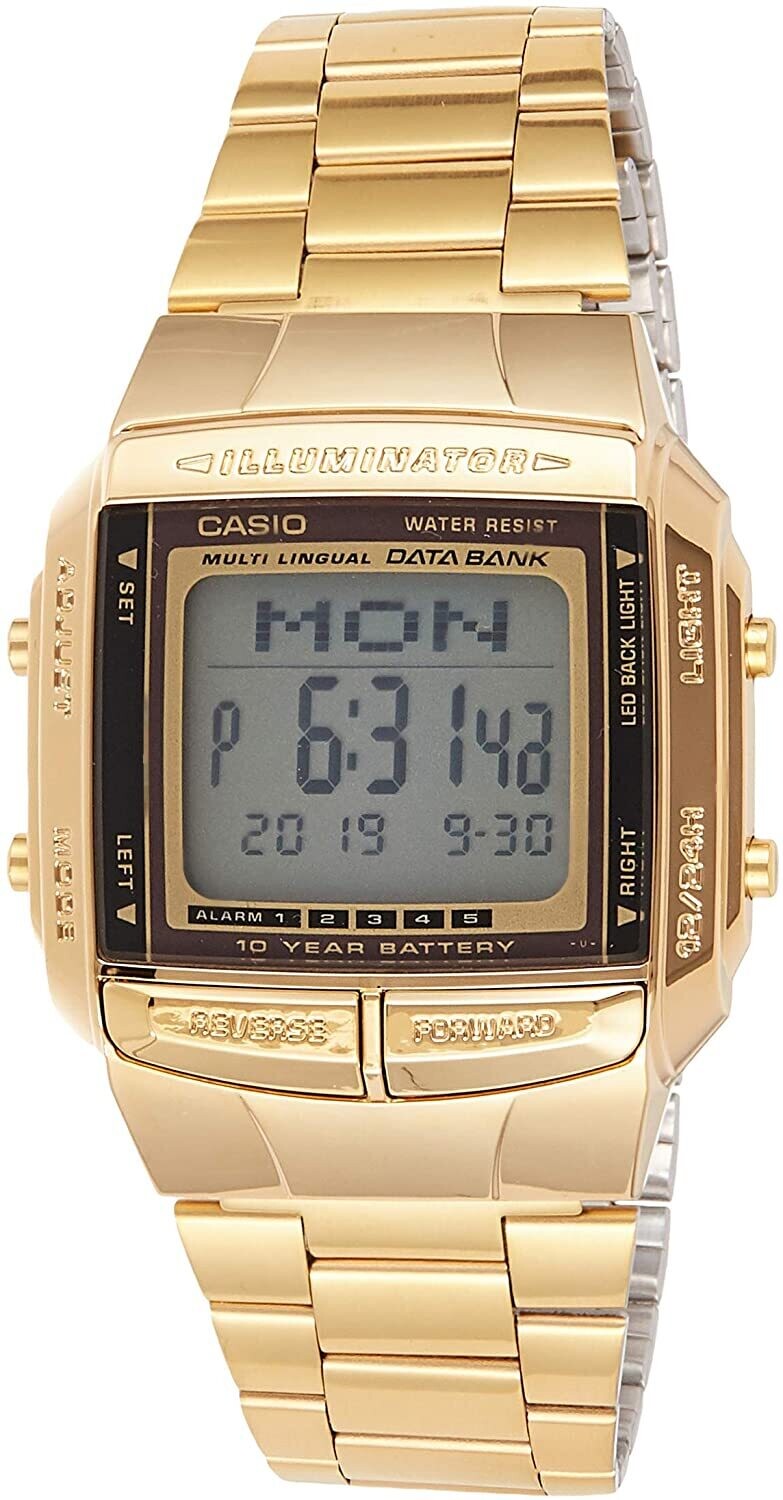 reloj unisex retro Casio DB-360G-9A dorado TELEMEMO 30 Banco de datos Luz LED Hora Dual Resistente al agua 50m
