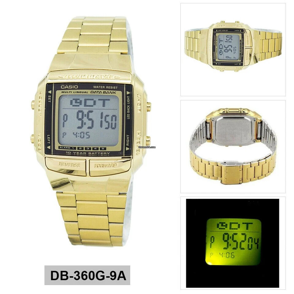 reloj unisex retro Casio DB-360G-9A dorado TELEMEMO 30 Banco de datos Luz  LED Hora