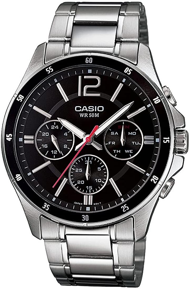 Reloj deportivo hombre Casio Enticer MTP-1374D-1A dial negro 43.5mm 50m resistente al agua Cronómetro correa de acero