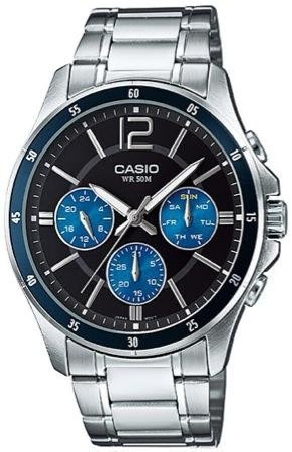 Reloj deportivo hombre Casio Enticer MTP-1374D-2A dial azul 43.5mm 50m resistente al agua Cronómetro correa de acero