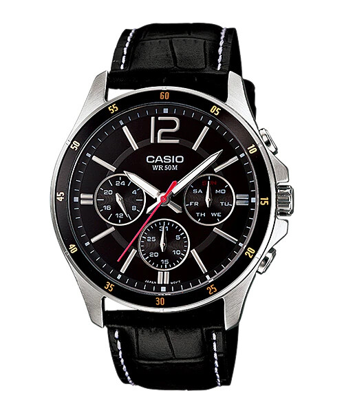 reloj deportivo hombre  CASIO Enticer MTP-1374L-1A cronógrafo dial negro 43.5mm correa de cuero resistente al agua 50m