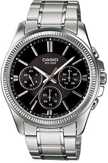 reloj deportivo hombre Casio Enticer MTP-1375D-1A dial negro correa de acero resistente al agua 50m