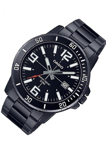 Reloj deportivo Casio MTP-VD01B-1B baño de iones broche triple pliegue dial negro 45mm correa de acero 3 agujas