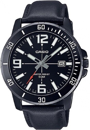 reloj deportivo hombre Casio Enticer MTP-VD01BL-1B dial negro 45mm correa de cuero 50m resistente al agua